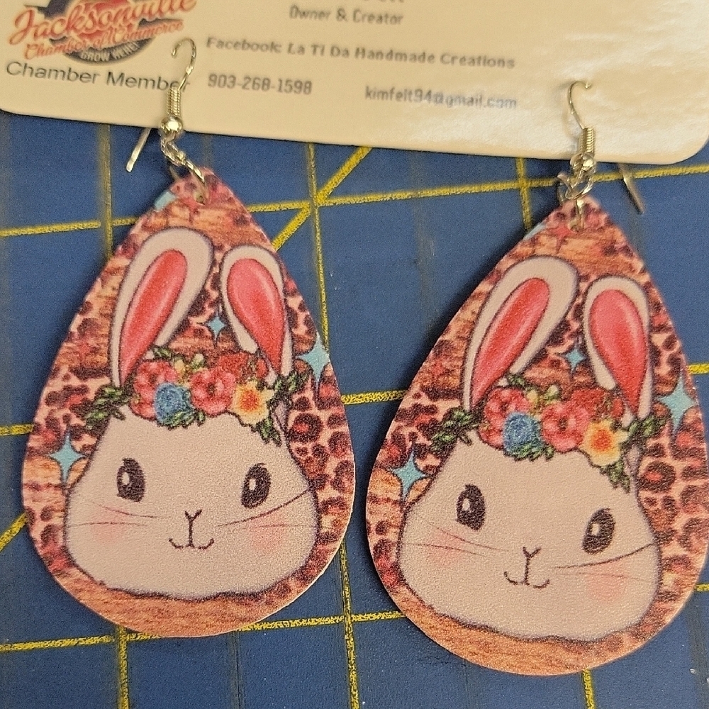 Handmade Bunny Pleather Tear Drop Earrings Floral Design Easter Spring Rabbit